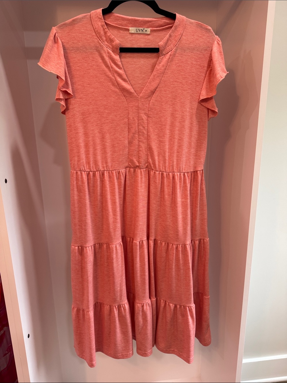 UVN Coral Tiered Flutter Sleeve Dress